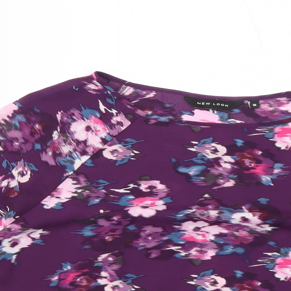 New Look Womens Purple Floral Polyester Basic T-Shirt Size 10 Round Neck