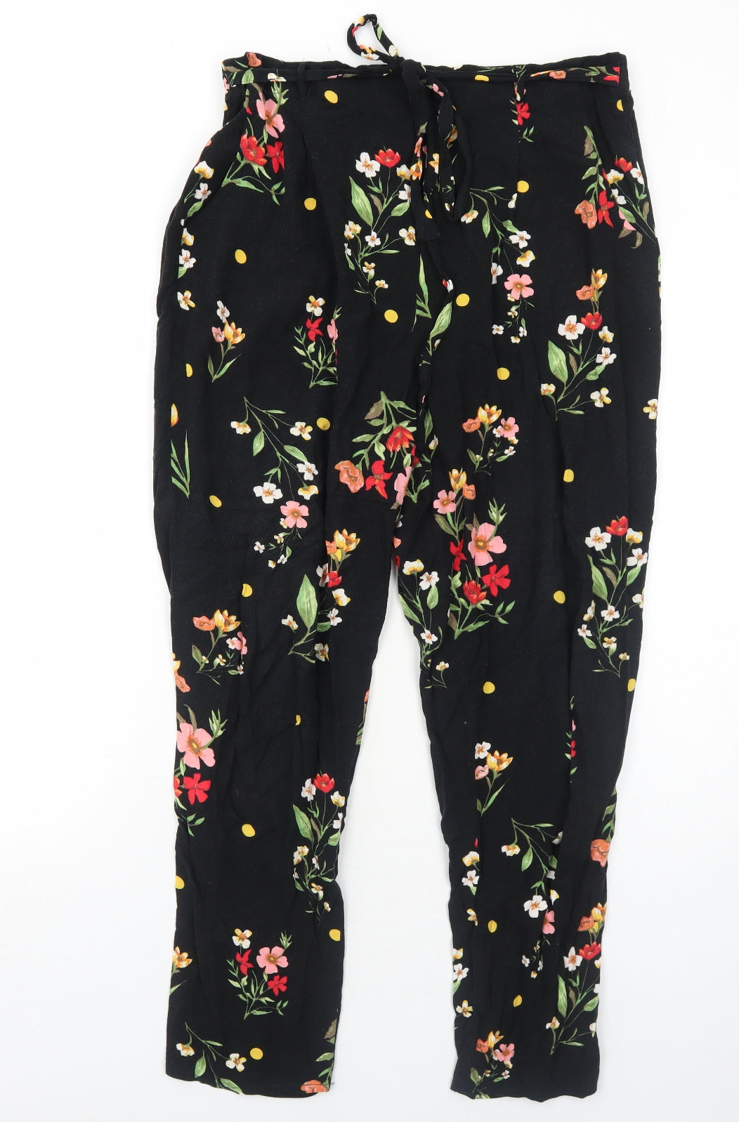 Dorothy Perkins Womens Black Floral Viscose Trousers Size 12 Regular Drawstring