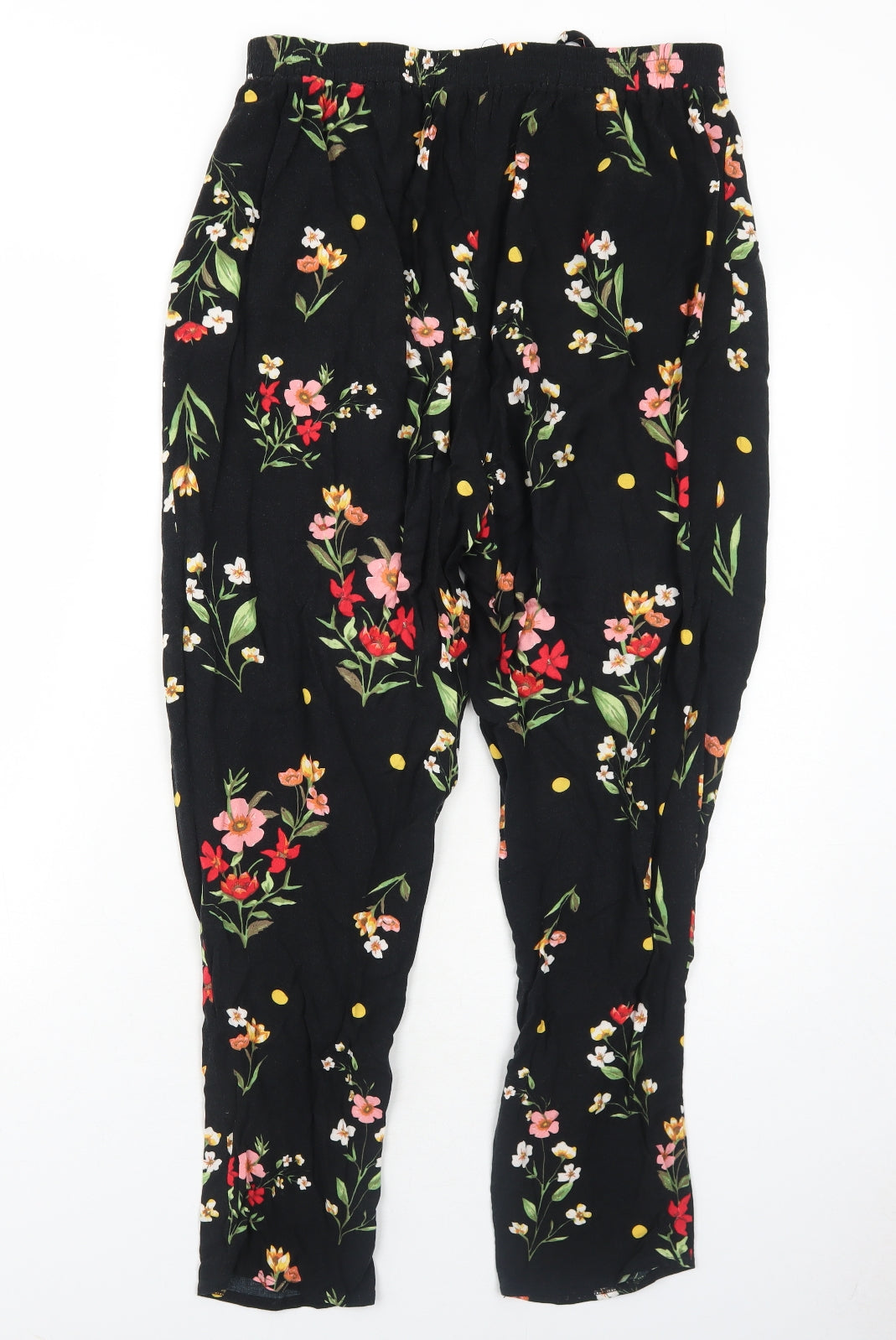 Dorothy Perkins Womens Black Floral Viscose Trousers Size 12 Regular Drawstring