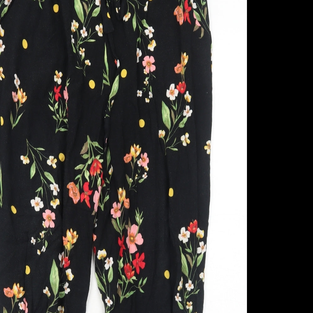 Dorothy Perkins Womens Black Floral Viscose Trousers Size 12 Regular Drawstring