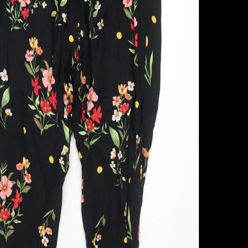 Dorothy Perkins Womens Black Floral Viscose Trousers Size 12 Regular Drawstring