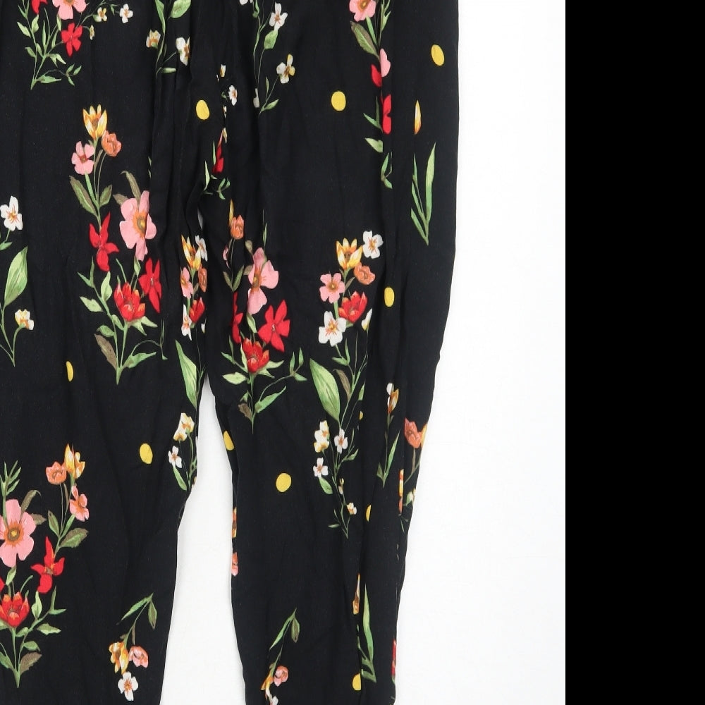 Dorothy Perkins Womens Black Floral Viscose Trousers Size 12 Regular Drawstring