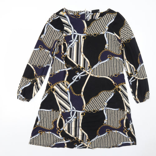 Wallis Womens Black Geometric Viscose Shift Size 10 Round Neck Zip