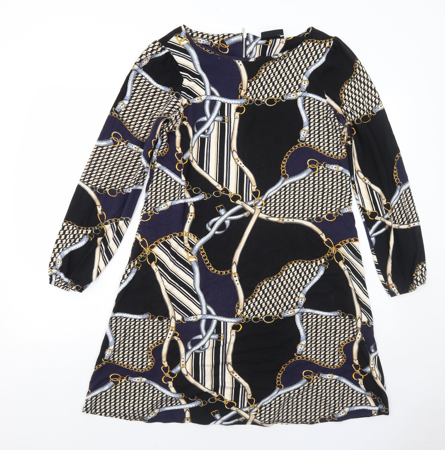 Wallis Womens Black Geometric Viscose Shift Size 10 Round Neck Zip