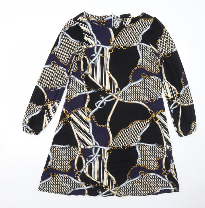 Wallis Womens Black Geometric Viscose Shift Size 10 Round Neck Zip