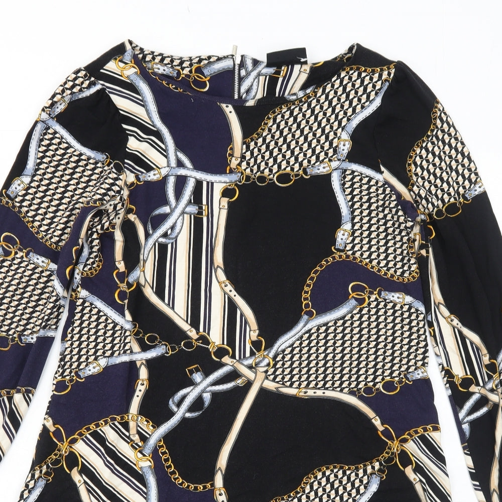 Wallis Womens Black Geometric Viscose Shift Size 10 Round Neck Zip