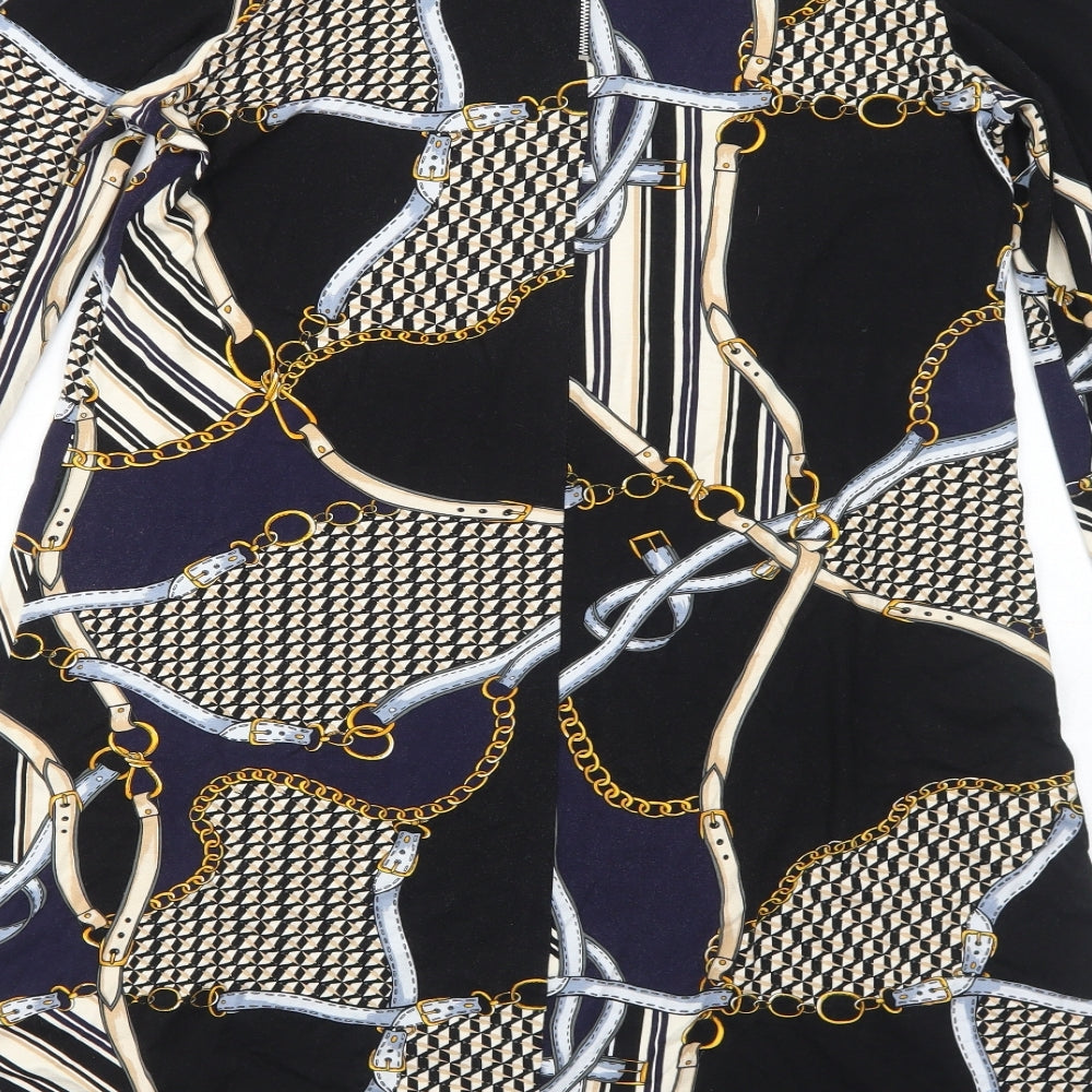 Wallis Womens Black Geometric Viscose Shift Size 10 Round Neck Zip