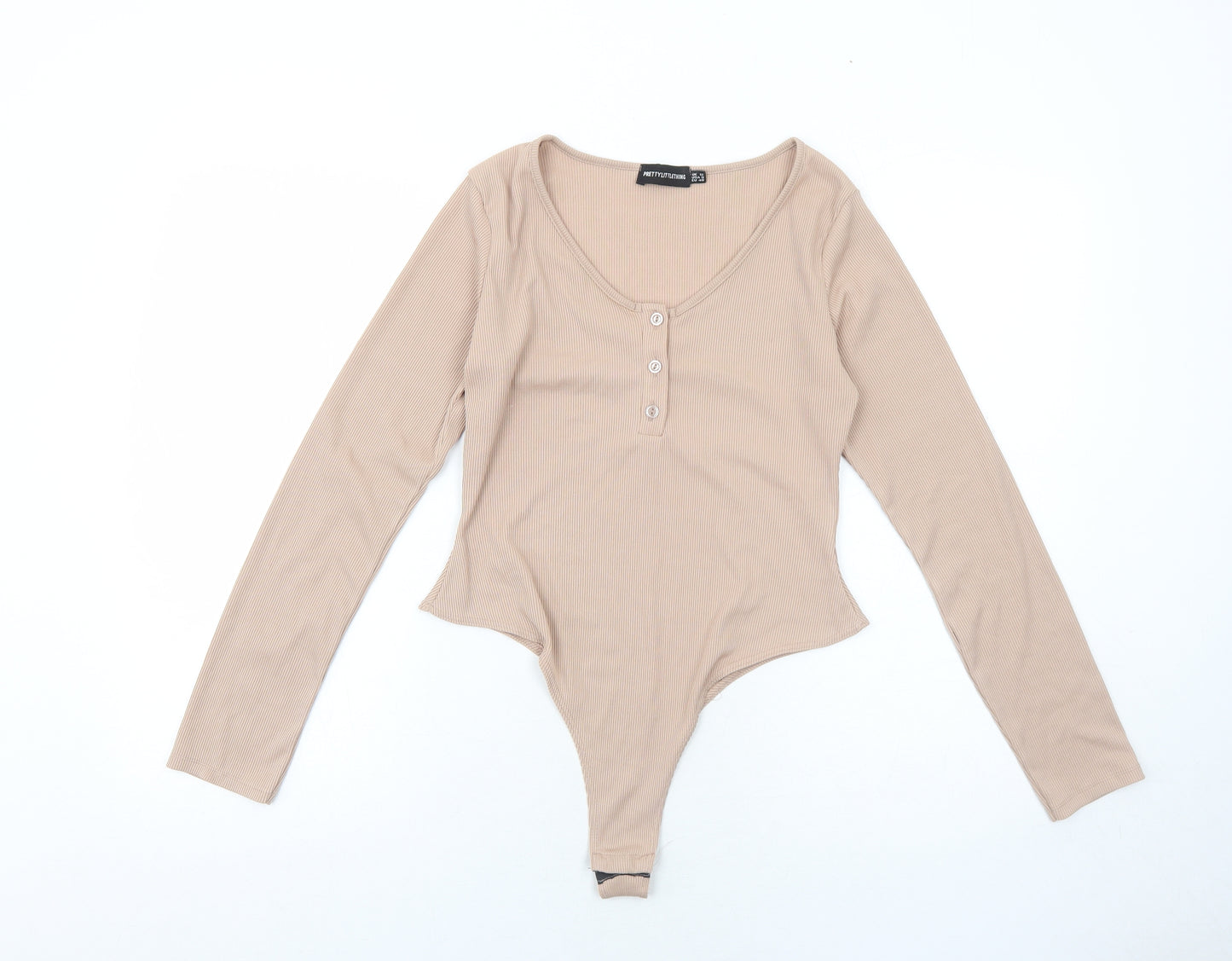 PRETTYLITTLETHING Womens Beige Polyester Bodysuit One-Piece Size 12 Snap