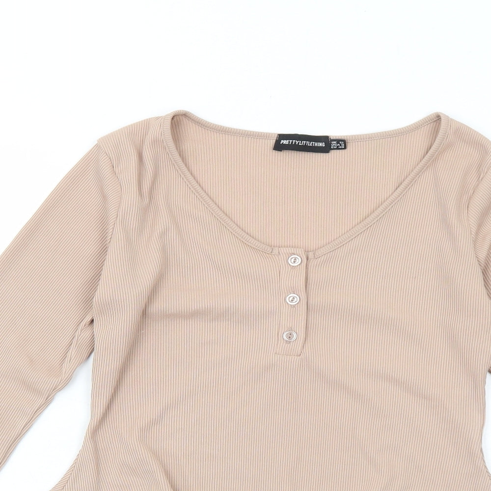 PRETTYLITTLETHING Womens Beige Polyester Bodysuit One-Piece Size 12 Snap