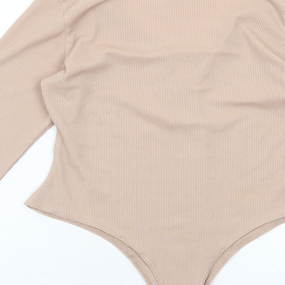 PRETTYLITTLETHING Womens Beige Polyester Bodysuit One-Piece Size 12 Snap