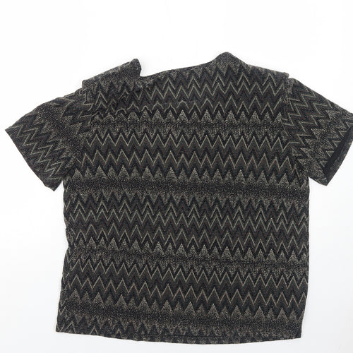 Roman Womens Black Geometric Nylon Basic Blouse Size M Round Neck - Size M/L