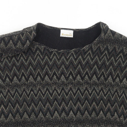 Roman Womens Black Geometric Nylon Basic Blouse Size M Round Neck - Size M/L