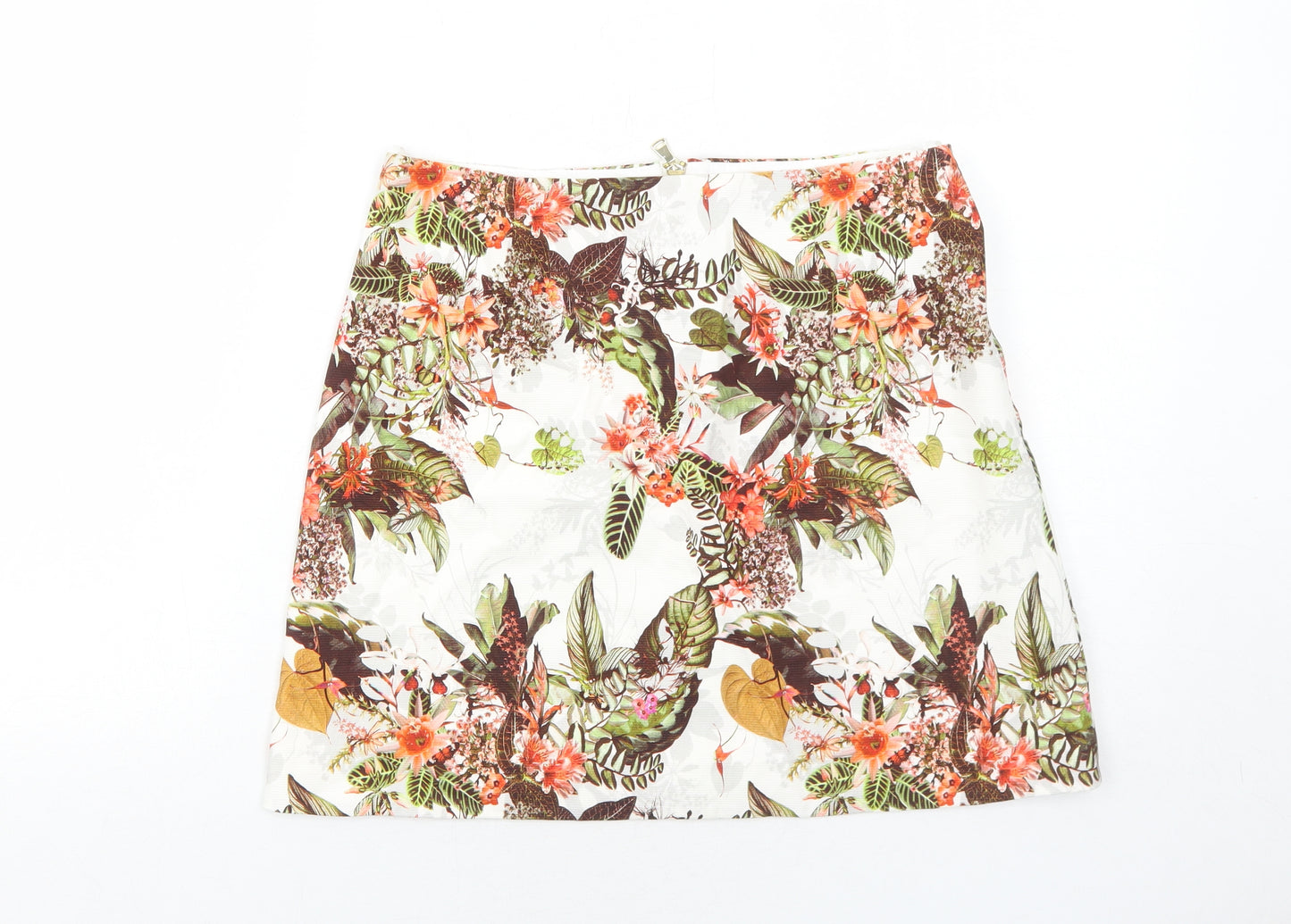River Island Womens White Floral Cotton A-Line Skirt Size 10 Zip