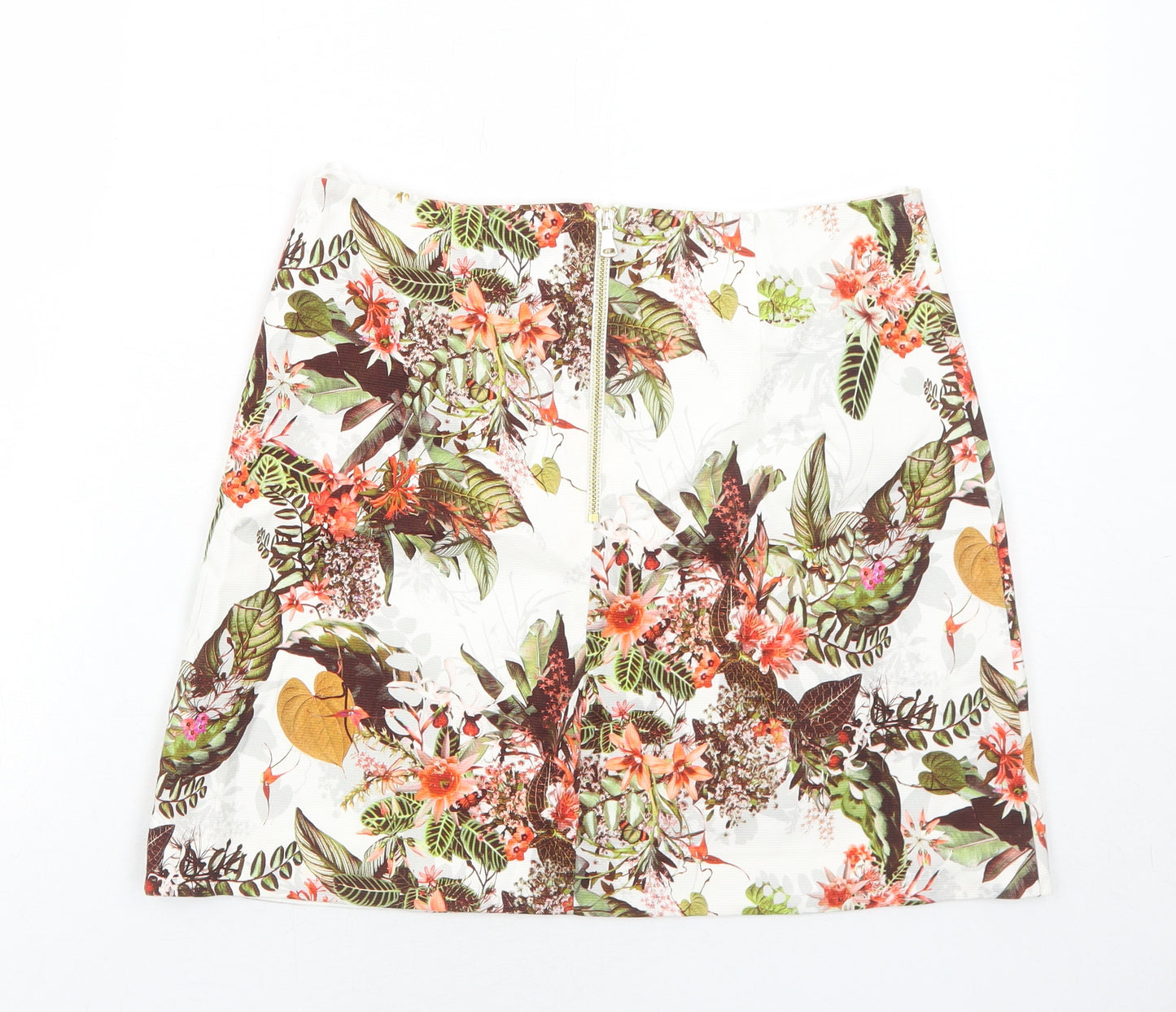 River Island Womens White Floral Cotton A-Line Skirt Size 10 Zip