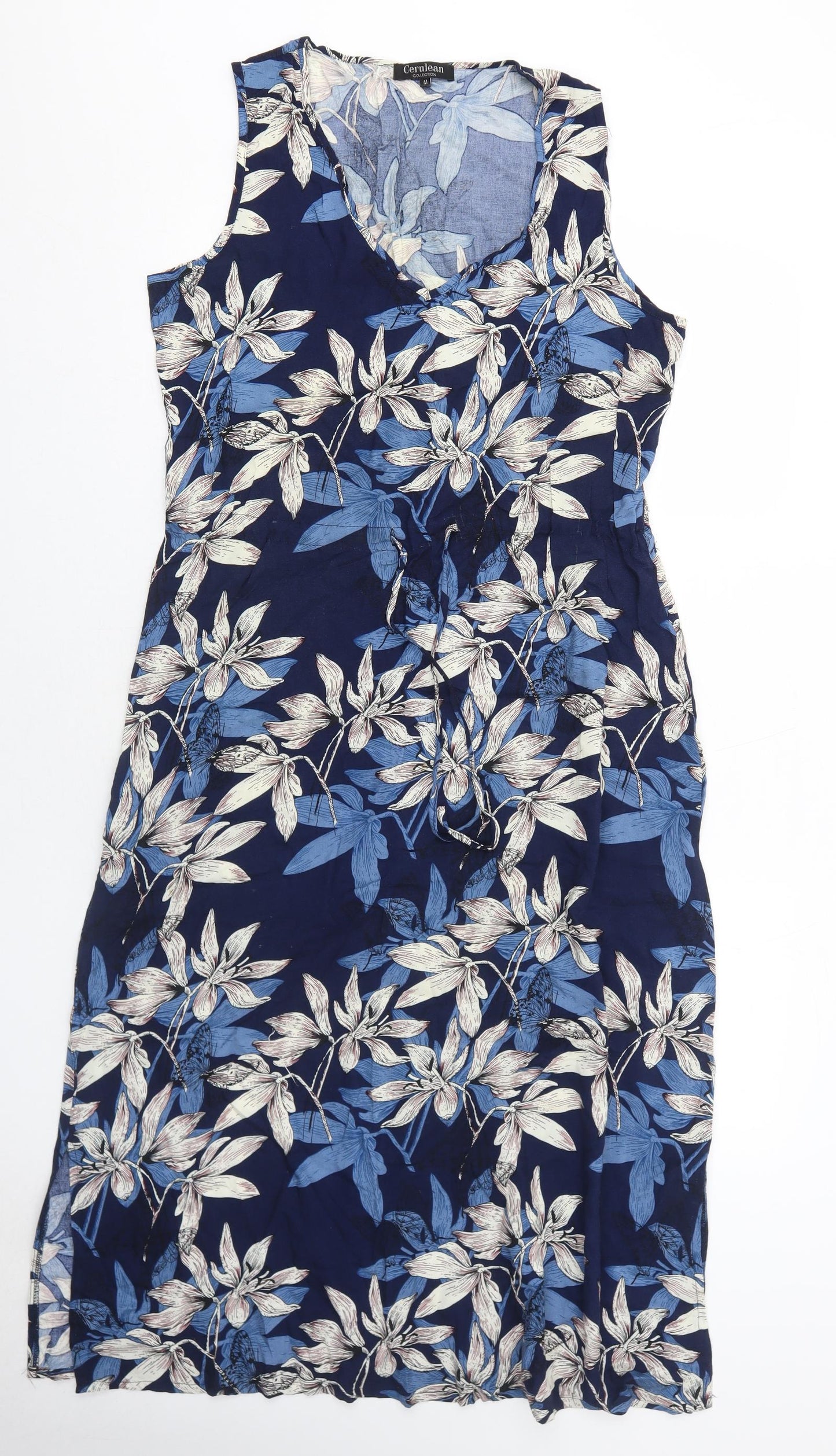 Cerulean Womens Blue Floral Viscose Shift Size M V-Neck Pullover