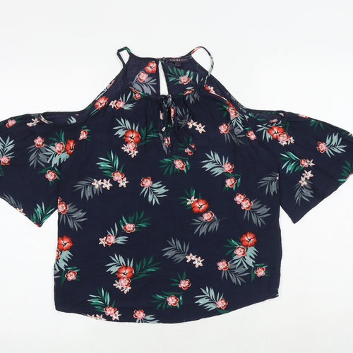 Marks and Spencer Womens Blue Floral Viscose Basic Blouse Size 8 Round Neck - Cold Shoulder