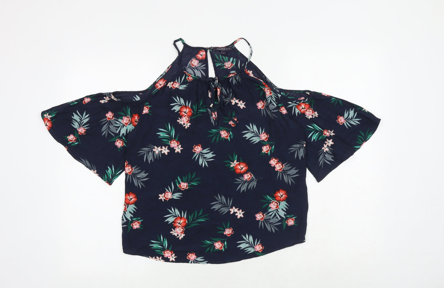 Marks and Spencer Womens Blue Floral Viscose Basic Blouse Size 8 Round Neck - Cold Shoulder