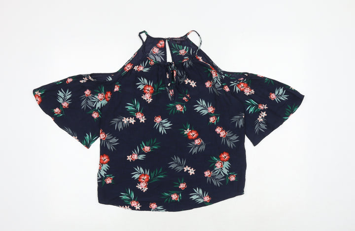 Marks and Spencer Womens Blue Floral Viscose Basic Blouse Size 8 Round Neck - Cold Shoulder
