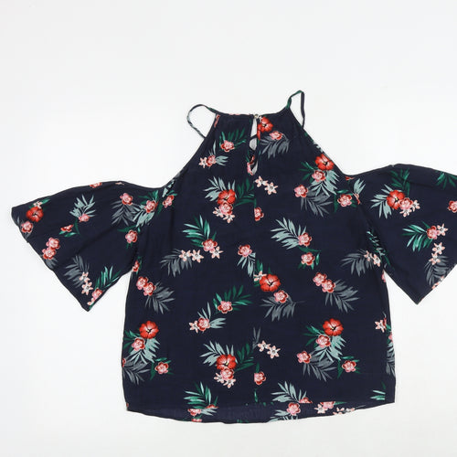 Marks and Spencer Womens Blue Floral Viscose Basic Blouse Size 8 Round Neck - Cold Shoulder