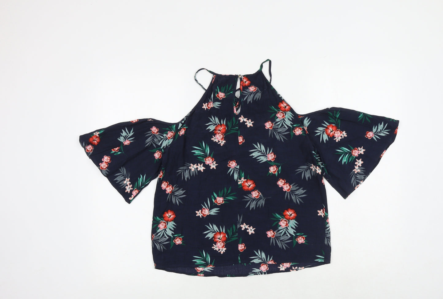 Marks and Spencer Womens Blue Floral Viscose Basic Blouse Size 8 Round Neck - Cold Shoulder