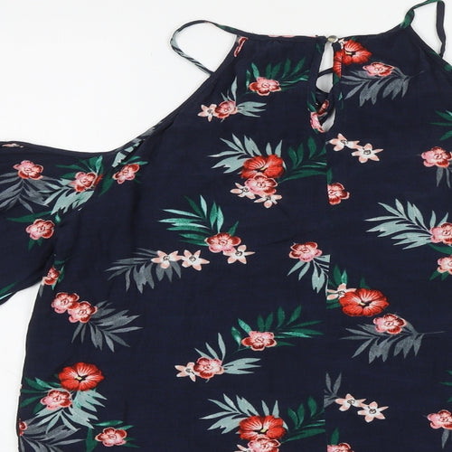 Marks and Spencer Womens Blue Floral Viscose Basic Blouse Size 8 Round Neck - Cold Shoulder