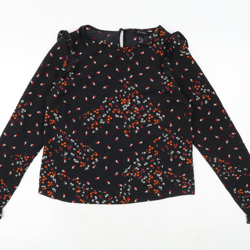 New Look Womens Black Geometric Polyester Basic Blouse Size 8 Round Neck