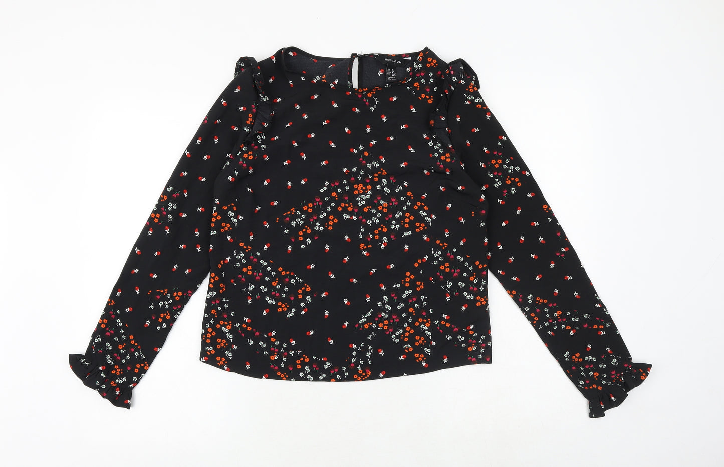 New Look Womens Black Geometric Polyester Basic Blouse Size 8 Round Neck