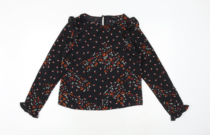 New Look Womens Black Geometric Polyester Basic Blouse Size 8 Round Neck