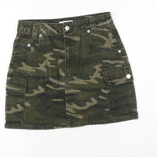 Topshop Womens Green Camouflage Cotton Cargo Skirt Size 8 Zip