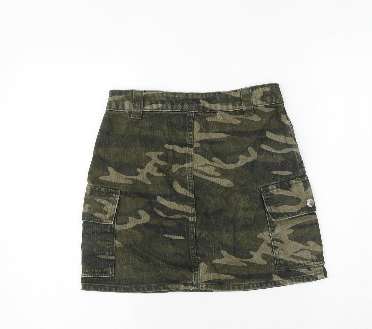 Topshop Womens Green Camouflage Cotton Cargo Skirt Size 8 Zip