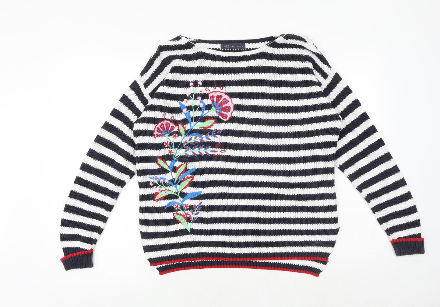 Marks and Spencer Womens Blue Round Neck Striped 100% Cotton Pullover Jumper Size M
