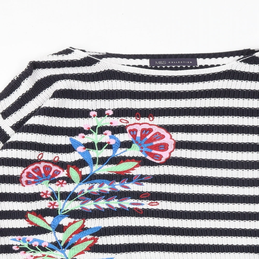 Marks and Spencer Womens Blue Round Neck Striped 100% Cotton Pullover Jumper Size M