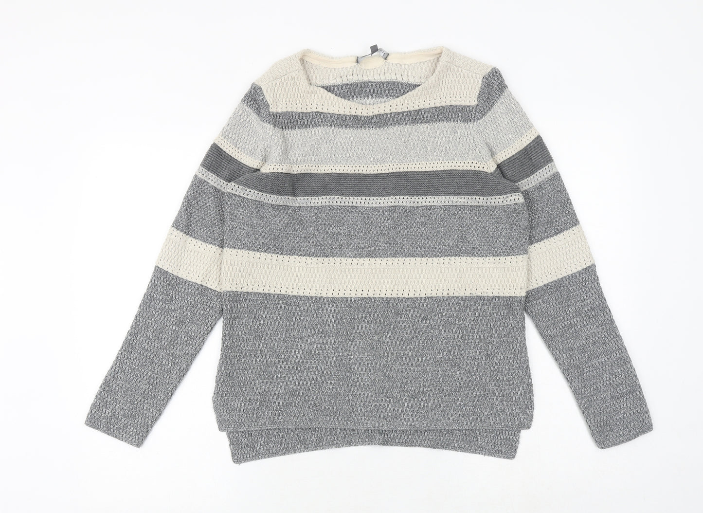 Laura Ashley Womens Grey Round Neck Striped Cotton Pullover Jumper Size 12