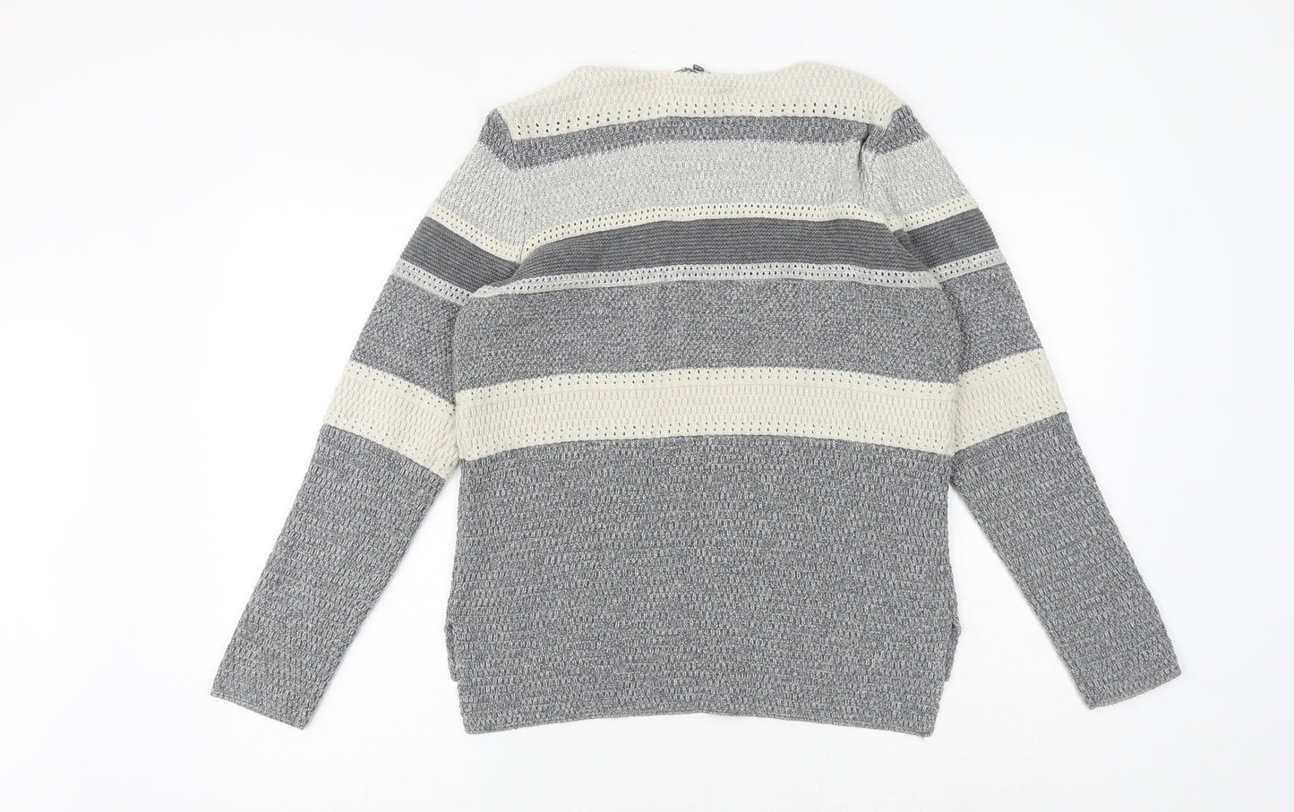Laura Ashley Womens Grey Round Neck Striped Cotton Pullover Jumper Size 12