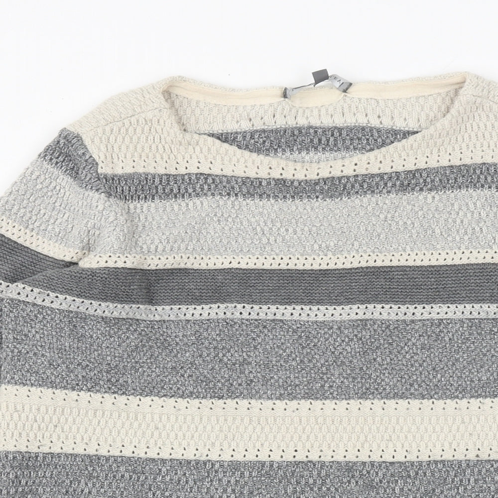 Laura Ashley Womens Grey Round Neck Striped Cotton Pullover Jumper Size 12