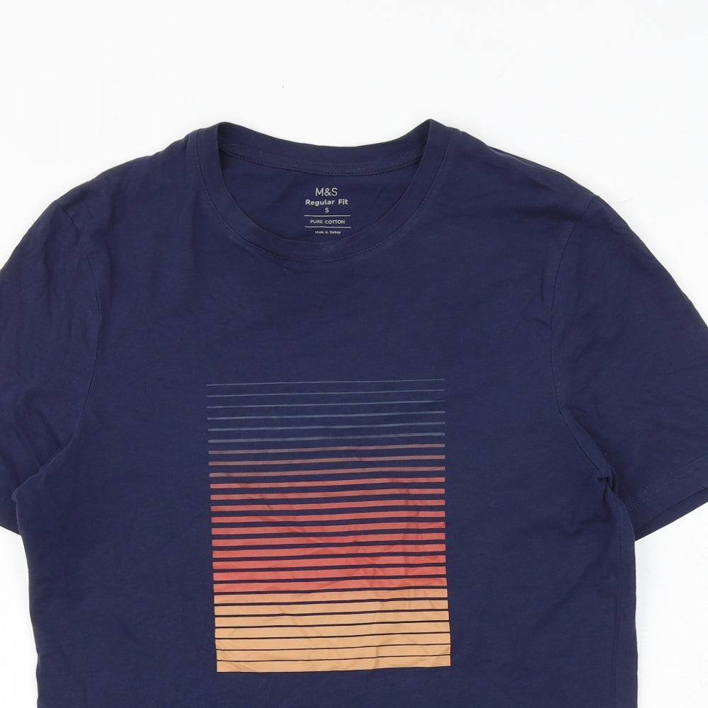 Marks and Spencer Mens Blue Cotton T-Shirt Size S Crew Neck