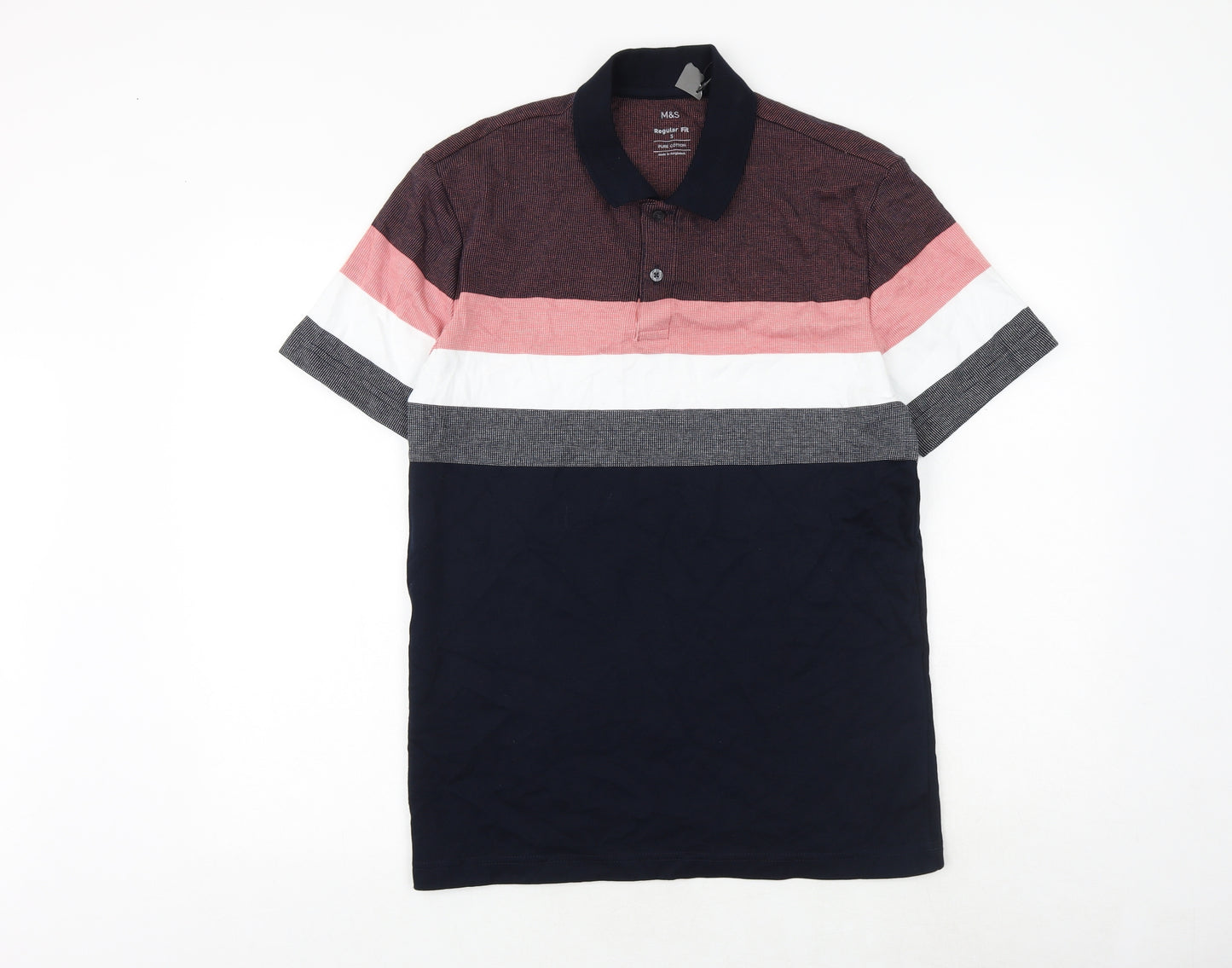 Marks and Spencer Mens Black Striped 100% Cotton Polo Size S Collared Button