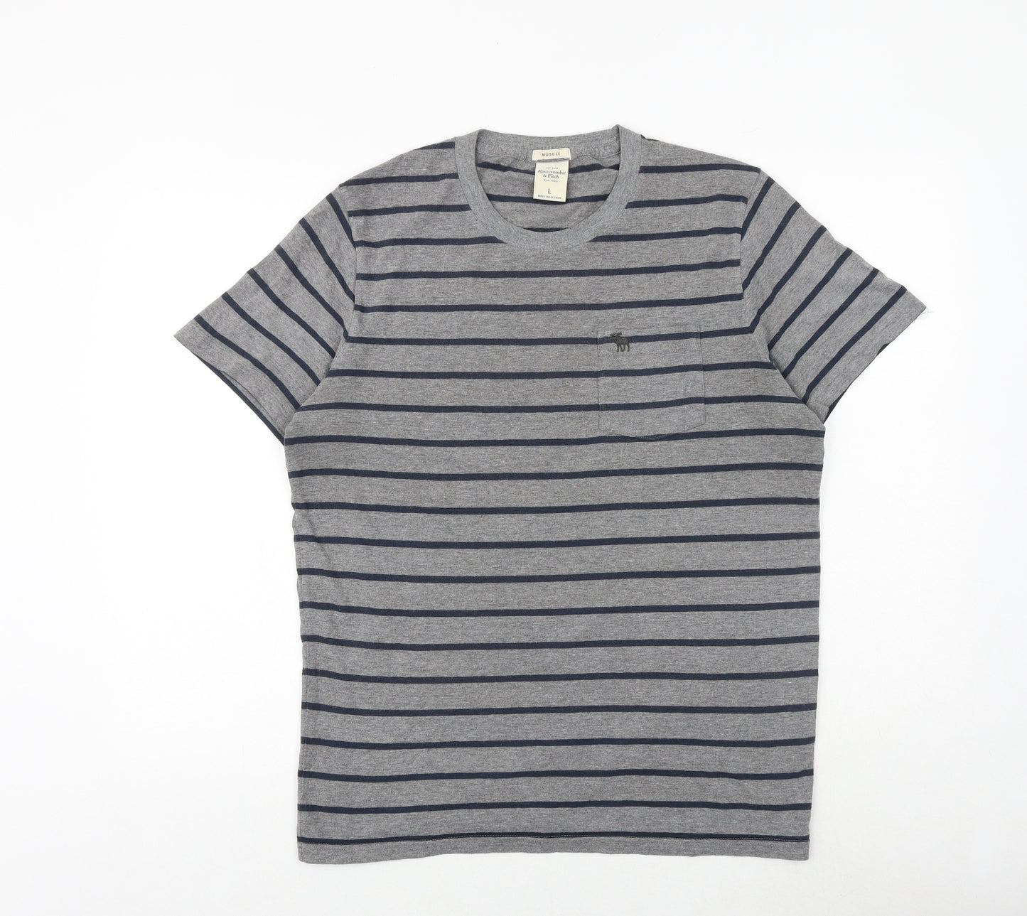 Abercrombie & Fitch Mens Grey Striped Polyester T-Shirt Size L Crew Neck