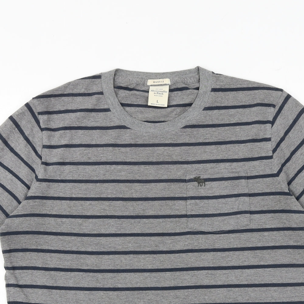 Abercrombie & Fitch Mens Grey Striped Polyester T-Shirt Size L Crew Neck