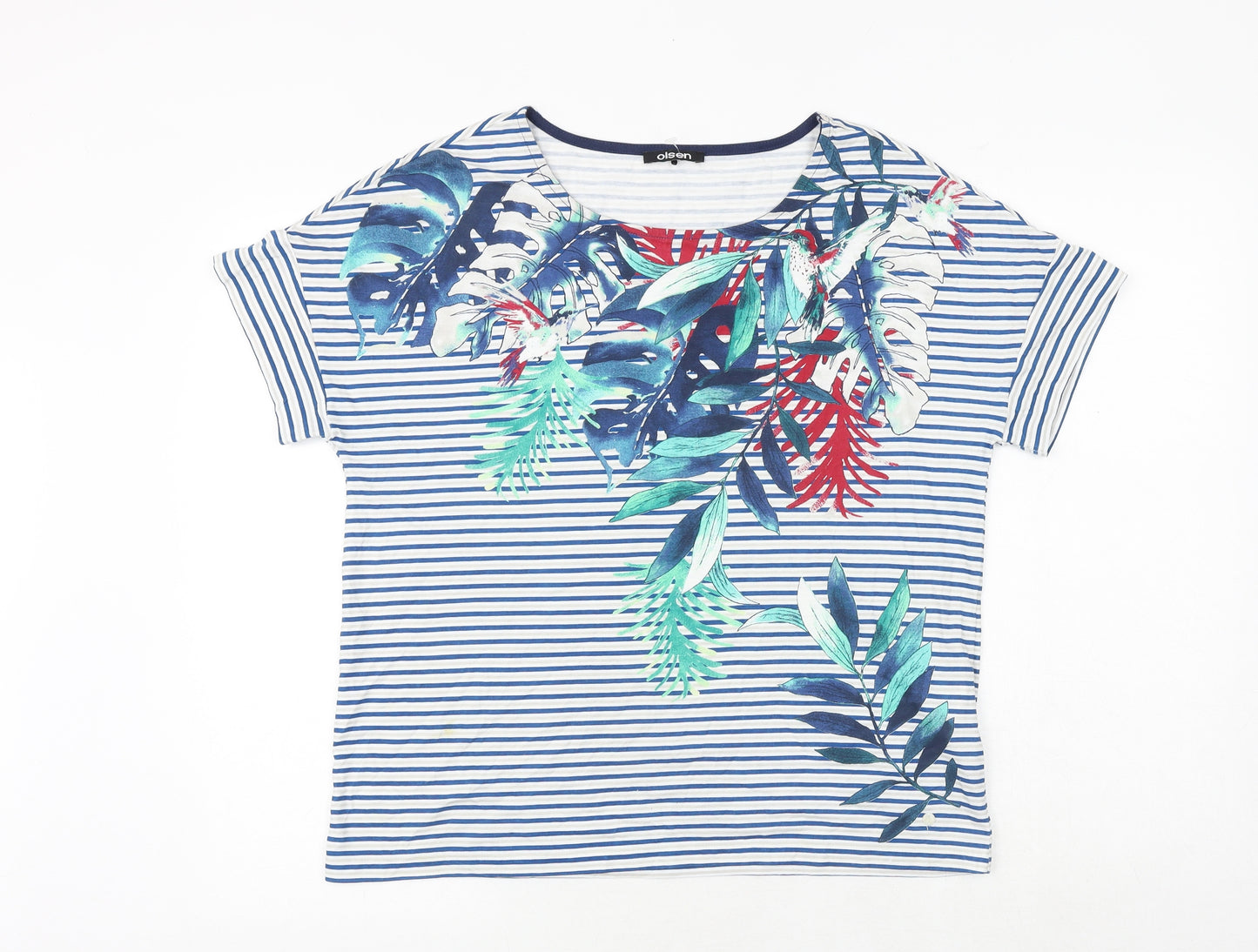 Olsen Womens Blue Striped Cotton Basic T-Shirt Size 12 Round Neck