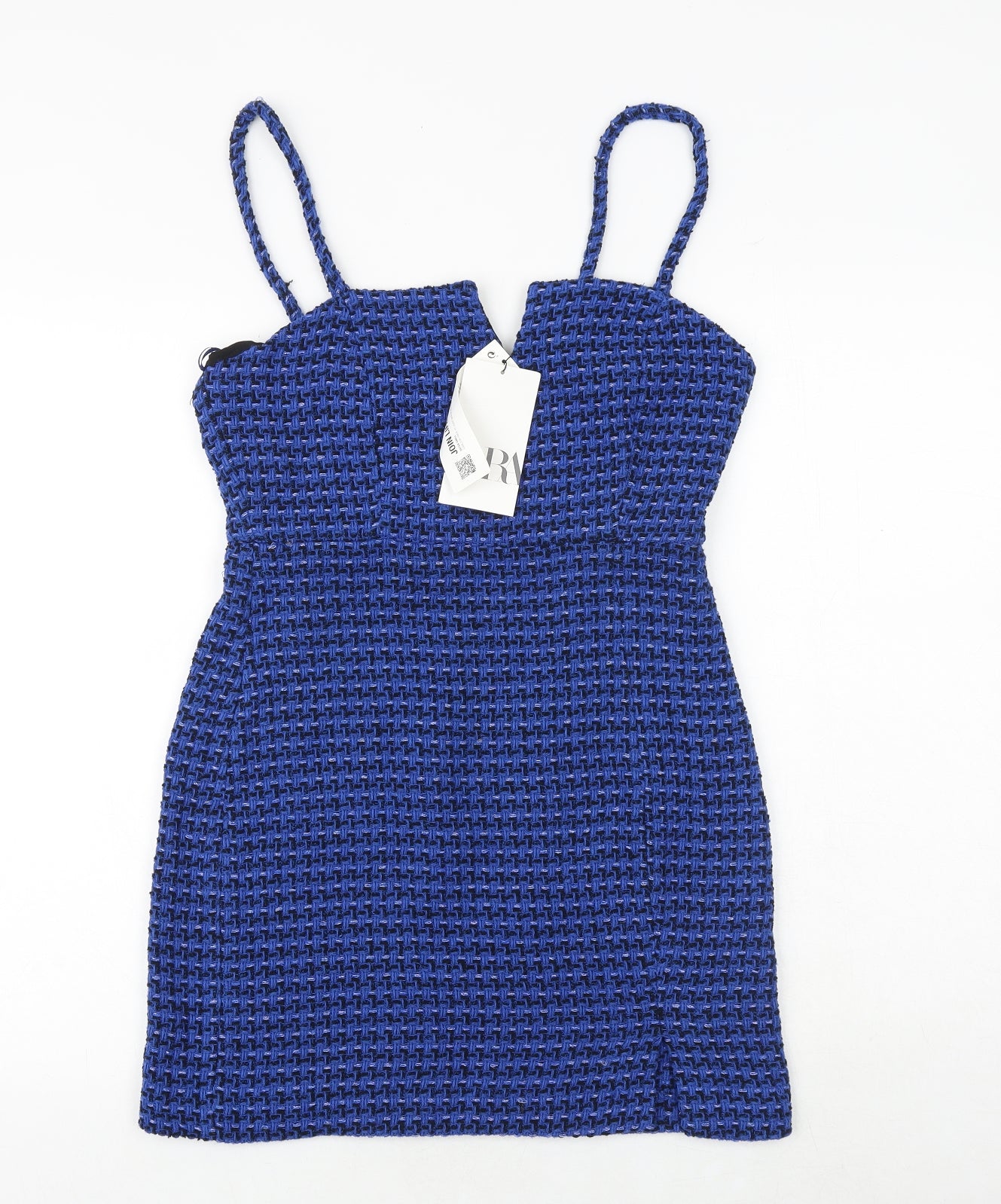 Zara Womens Blue Geometric Cotton Mini Size M V-Neck Zip