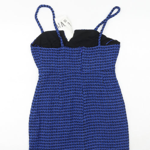 Zara Womens Blue Geometric Cotton Mini Size M V-Neck Zip