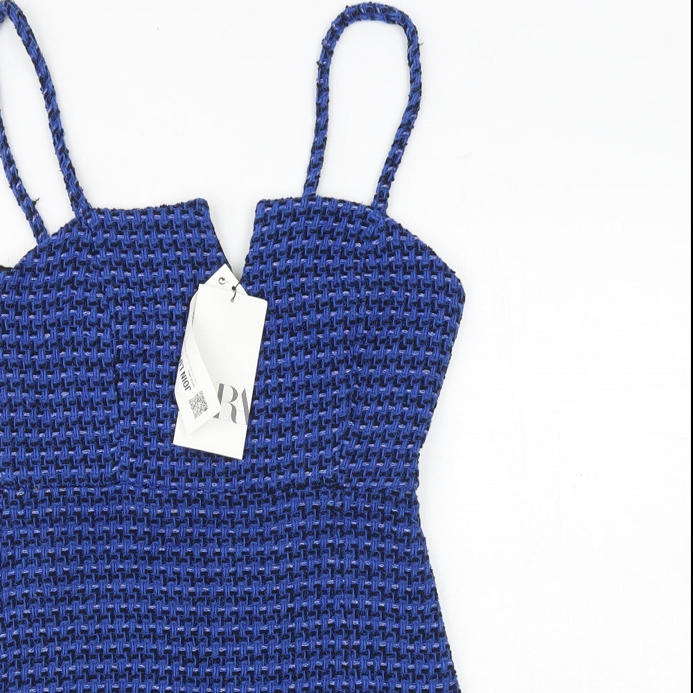 Zara Womens Blue Geometric Cotton Mini Size M V-Neck Zip