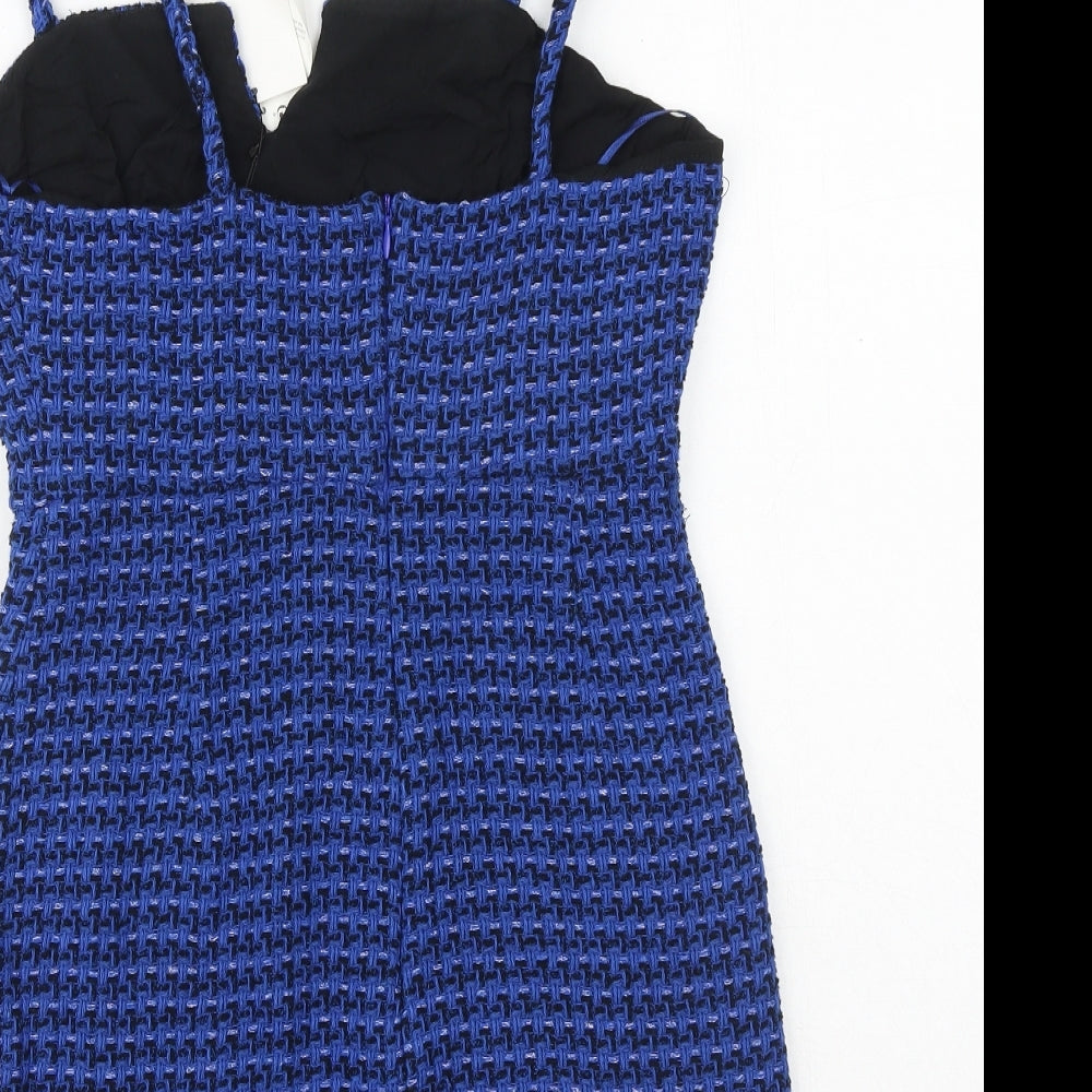 Zara Womens Blue Geometric Cotton Mini Size M V-Neck Zip