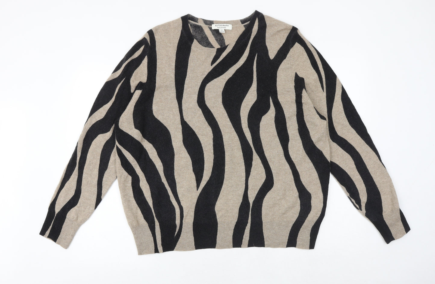 Marks and Spencer Womens Brown Round Neck Animal Print Cashmere Pullover Jumper Size 22 - Zebra Pattern