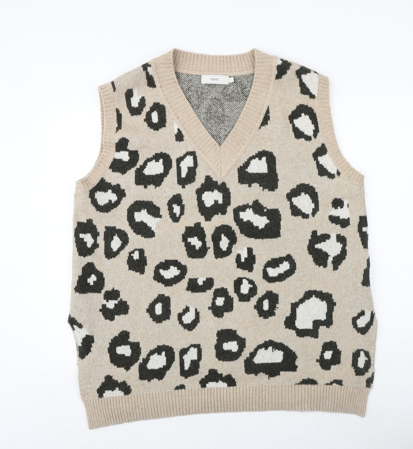 NEXT Womens Brown V-Neck Animal Print Polyester Vest Jumper Size L - Leopard Pattern