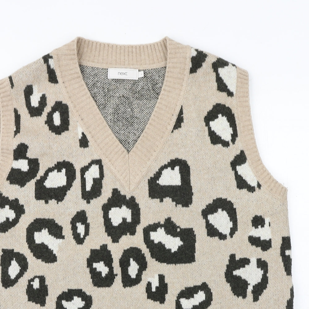 NEXT Womens Brown V-Neck Animal Print Polyester Vest Jumper Size L - Leopard Pattern