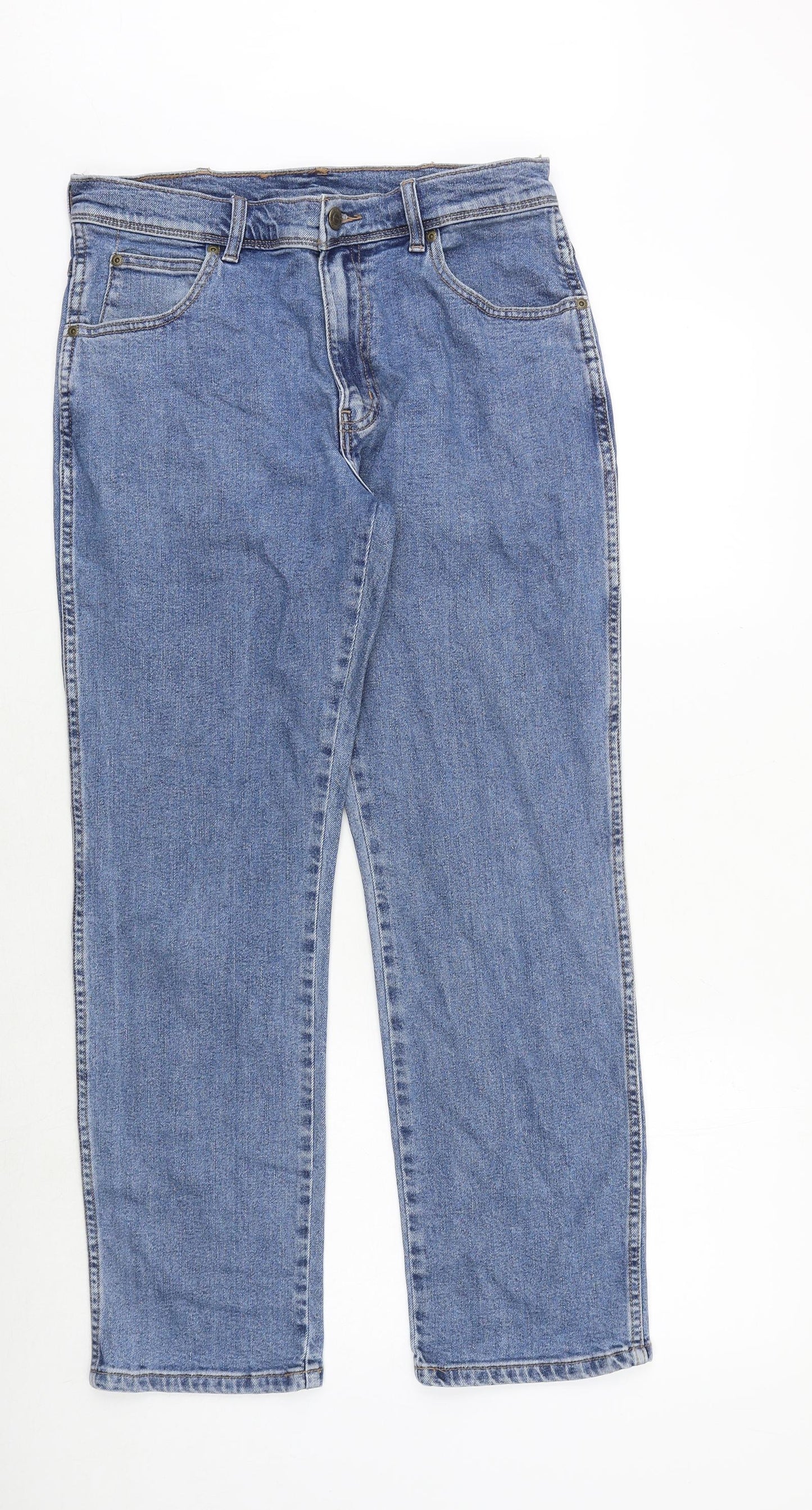 Wrangler Mens Blue Cotton Straight Jeans Size 32 in Regular Zip
