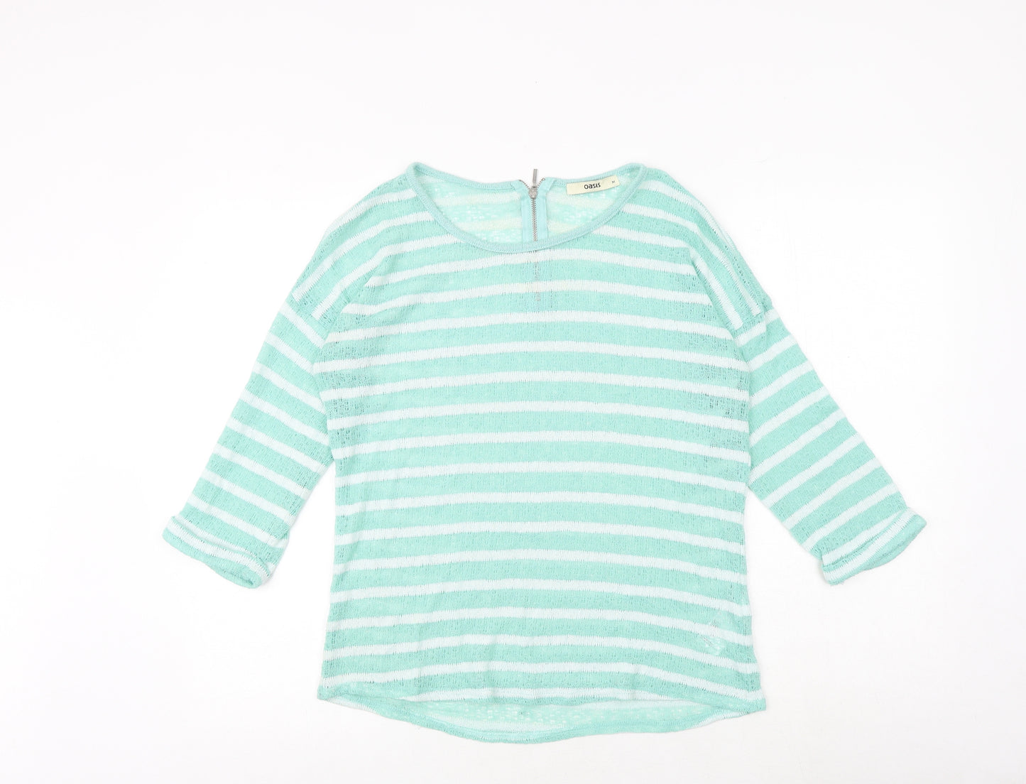 Oasis Womens Green Striped Polyester Basic T-Shirt Size M Round Neck