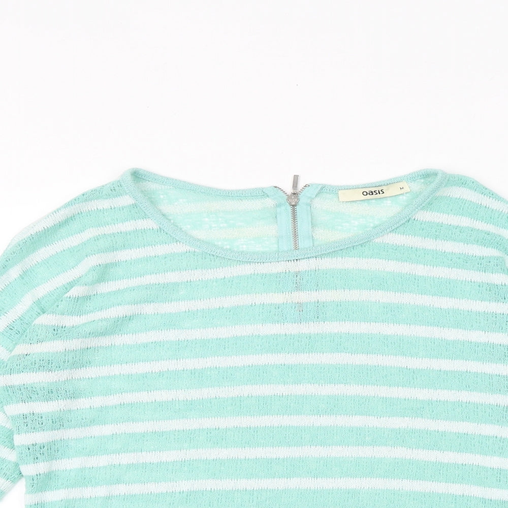 Oasis Womens Green Striped Polyester Basic T-Shirt Size M Round Neck